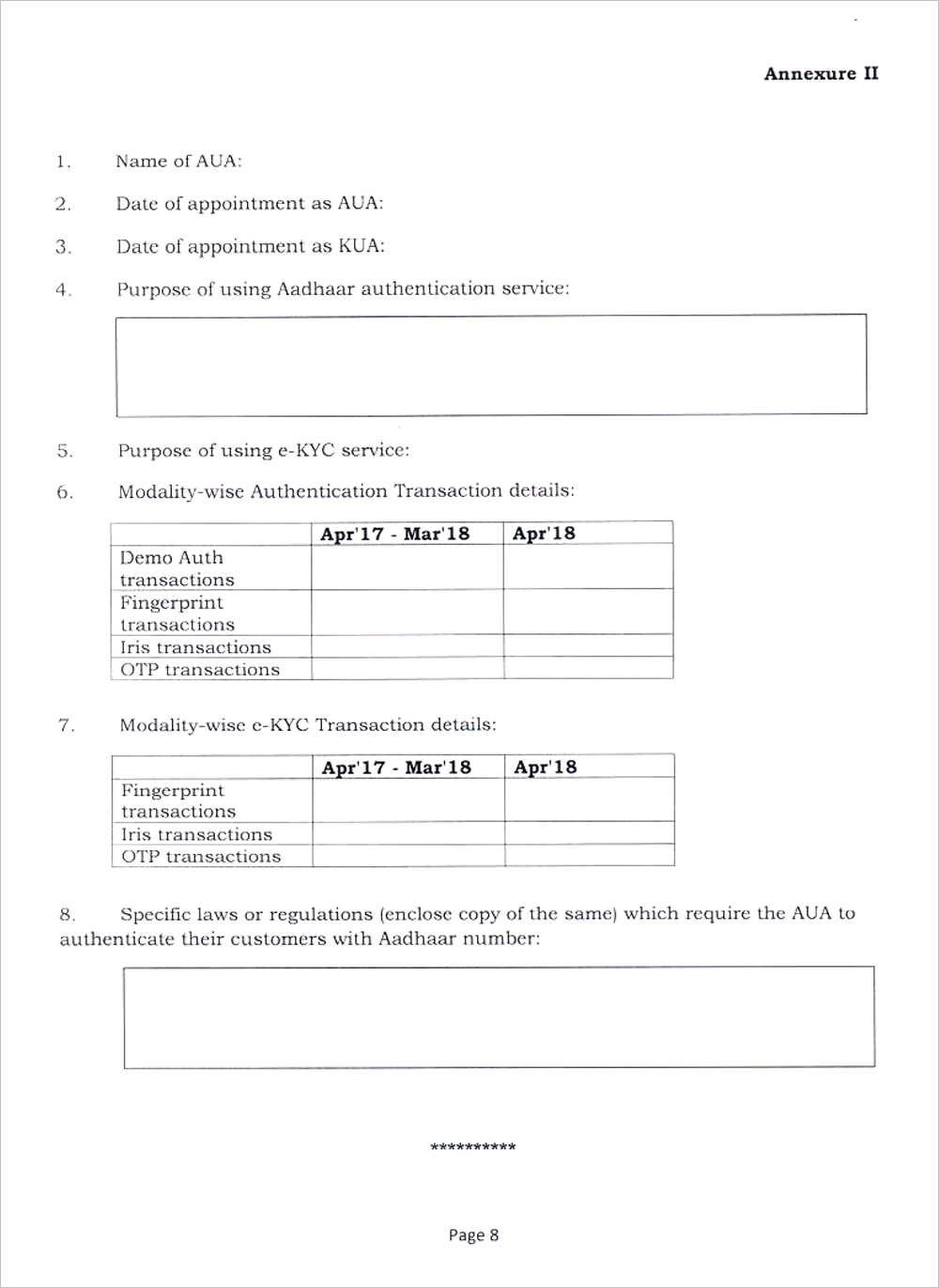 Form for Global & Local AUA categorization